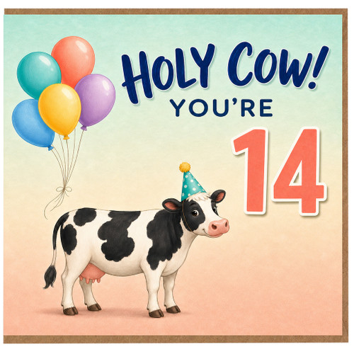 14th Birthday Card, Holy Cow You're 14 Funny Cow Birthday Card