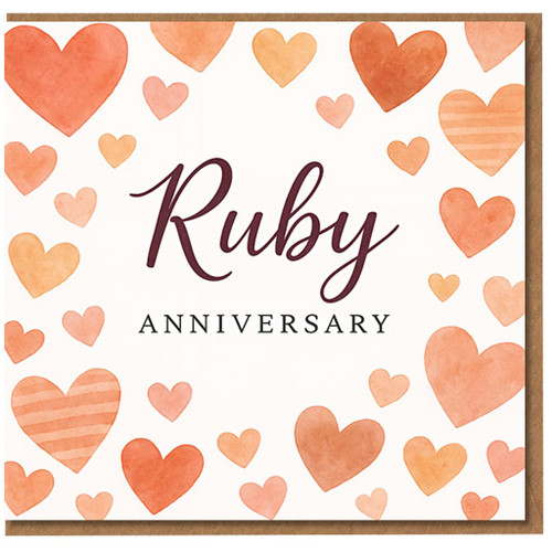 Ruby Anniversary Card - Watercolour Hearts Design - Elegant Love Card for Couple, Husband or Wife - Square Greeting