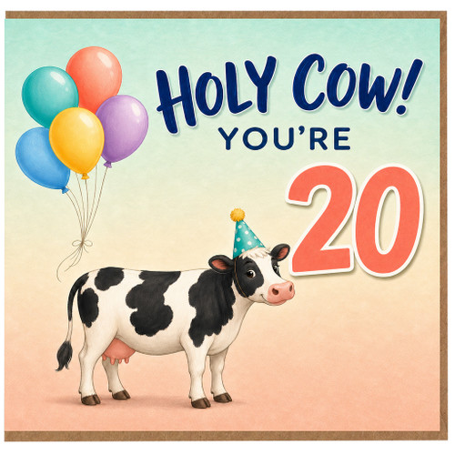 20th Birthday Card, Holy Cow You're 20 Funny Cow Party Card