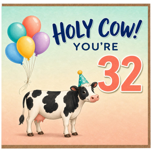 32nd Birthday Card, Holy Cow Funny Cow Birthday Card