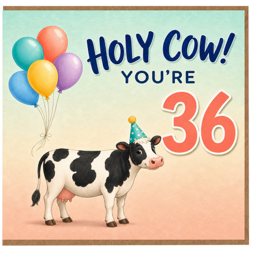 36th Birthday Card, Holy Cow You're 36 Funny Cow Balloon Card