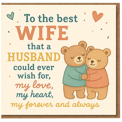 To the Best Wife Card from Husband - Cute Bear Hug Illustration - Romantic Anniversary or Valentine’s Day Greeting Card - My Love, My Heart, Forever and Always