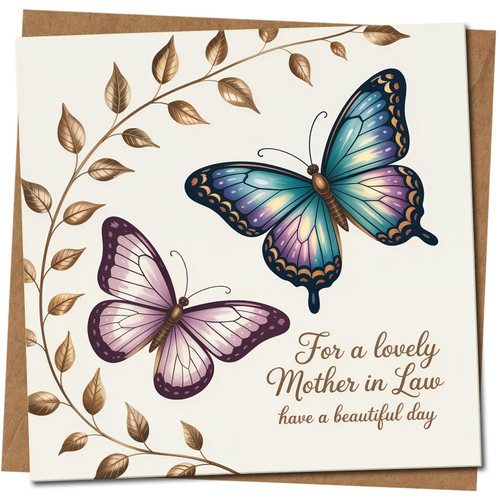 Mother-in-Law Birthday Card, Butterfly Design, 145mm x 145mm, Elegant Greeting Card, 'For a lovely Mother in Law, have a beautiful day', Includes Kraft Envelope