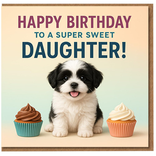 Birthday Card for Daughter - Cute Puppy and Cupcakes - Happy Birthday to a Super Sweet Daughter - Adorable Girls Kids Greeting Card