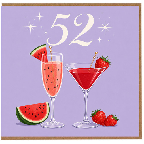52nd Birthday Card, Fruity Cocktail and Watermelon Design
