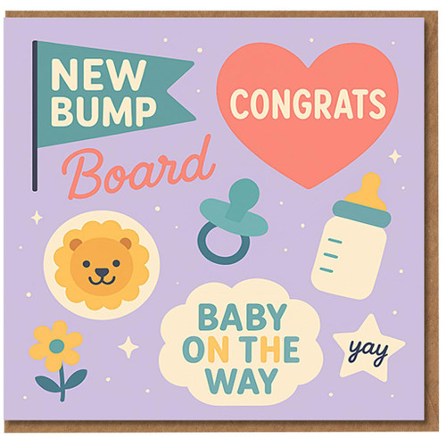 New Bump Board Congrats Card - Baby On The Way - Cute Pregnancy Congratulations Greeting Card for Mum-to-Be or Parents-to-Be, Pastel Baby Icons