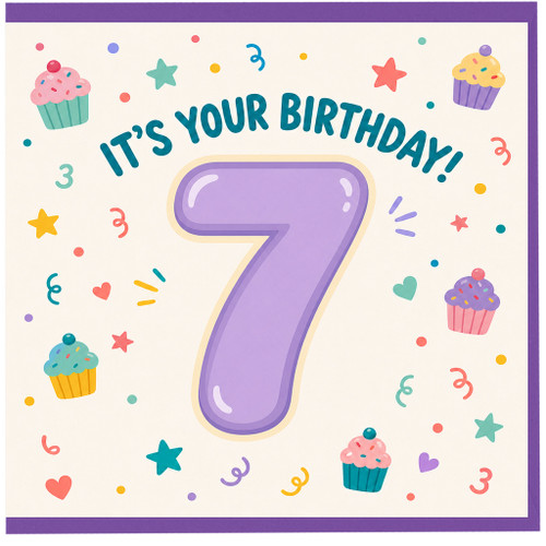 7th Birthday Card, It's Your Birthday, Cute Cupcake Party Design