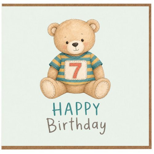 7th Birthday Card, Cute Teddy Bear Happy Birthday Card