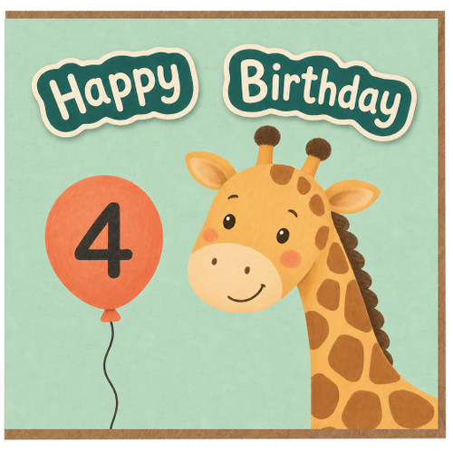4th Birthday Card, Cute Giraffe Birthday Card
