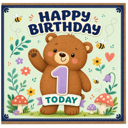 1st Birthday Card, Cute Teddy Bear Birthday Card, Happy 1 Today Card