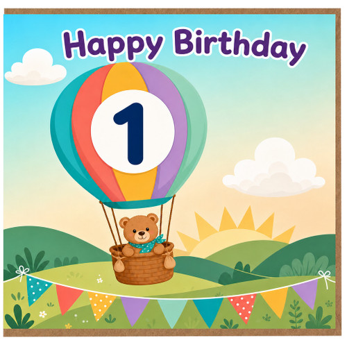 1st Birthday Card, Cute Teddy Bear Hot Air Balloon Happy Birthday Card