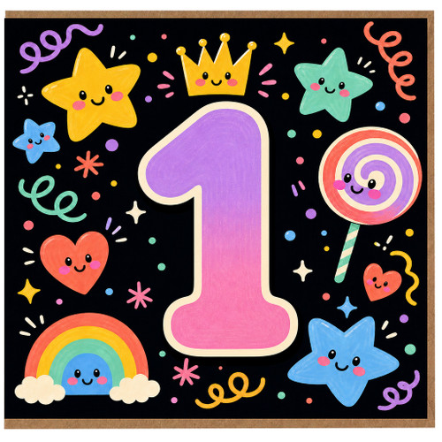 1st Birthday Card, Cute Stars Rainbow and Candy Design