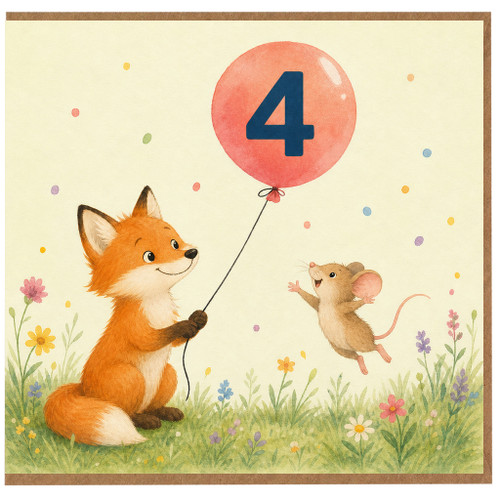4th Birthday Card, Cute Fox and Mouse Balloon Design