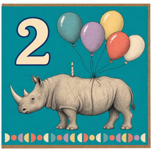 2nd Birthday Card, Rhino with Balloons and Candle