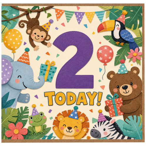 2nd Birthday Card, Jungle Animals Birthday Card, 2 Today Card