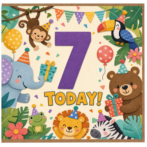 7th Birthday Card, Jungle Animals Party Card