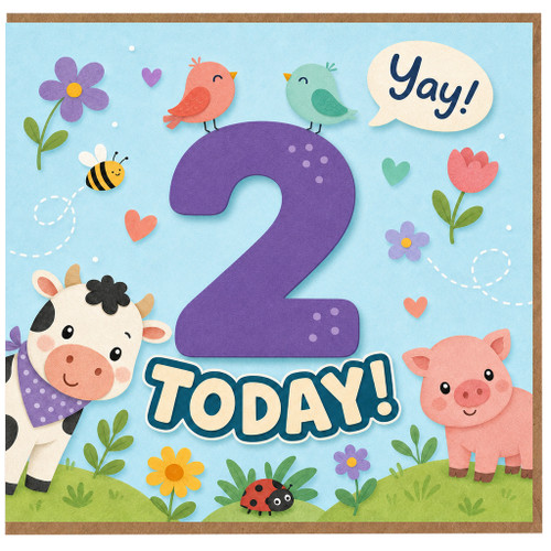 2nd Birthday Card, Cute Farm Animals Today! Yay! Kids Birthday Card