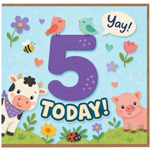 5th Birthday Card, Cute Animal 5 Today Design