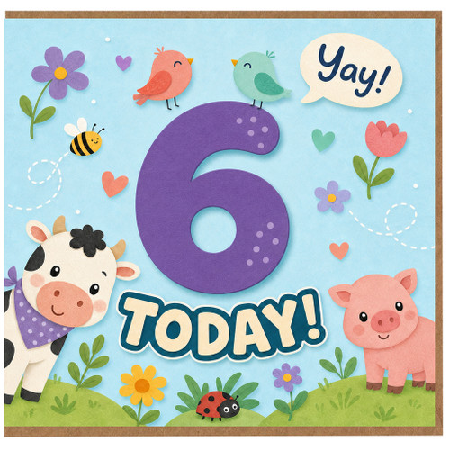 6th Birthday Card, Cute Farm Animals Today Card