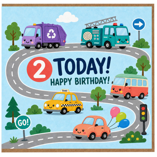 2nd Birthday Card, Cute Vehicles Happy Birthday Card