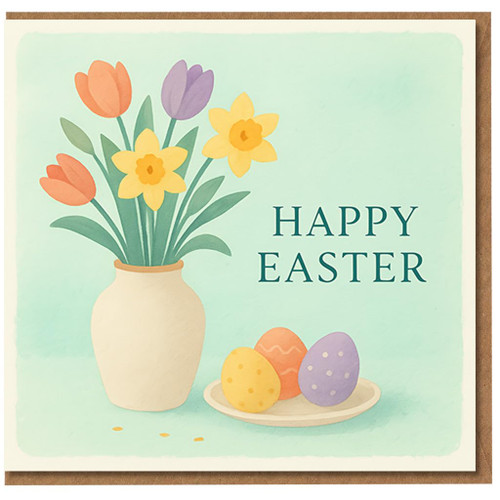 Happy Easter Card - Tulips and Daffodils in Vase with Colourful Eggs - Pastel Illustration Easter Greeting Card for Family and Friends