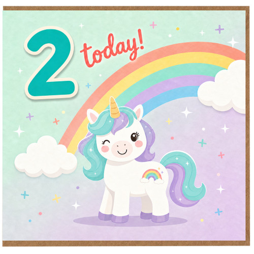 2nd Birthday Card, Cute Unicorn Rainbow Card