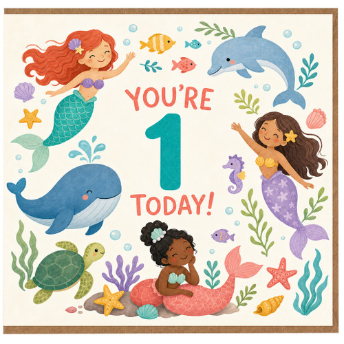 1st Birthday Card, You're 1 Today Mermaid and Under the Sea Design