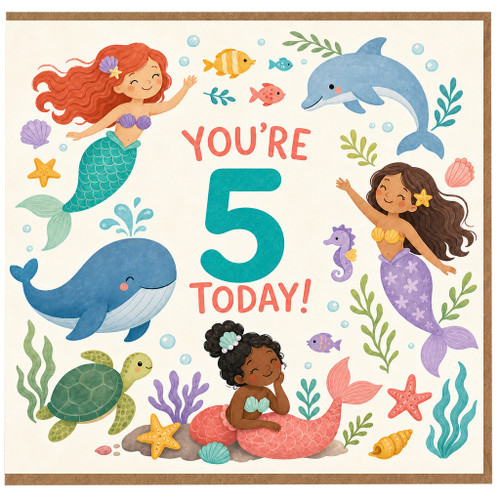 5th Birthday Card, Mermaid and Under the Sea Birthday Card