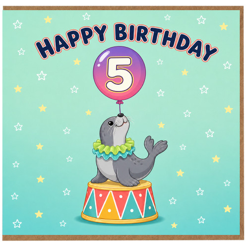 5th Birthday Card, Cute Seal Circus Balloon Birthday Card