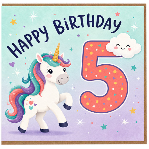 5th Birthday Card, Cute Unicorn Birthday Card