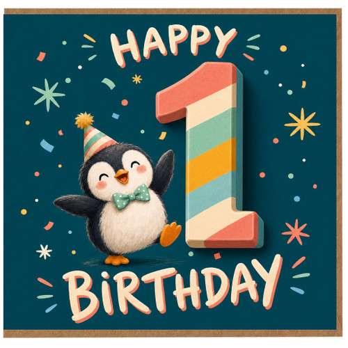 1st Birthday Card, Cute Penguin Birthday Card