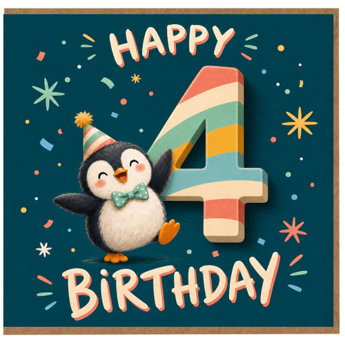 4th Birthday Card, Cute Penguin Party Card