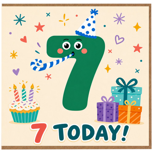7th Birthday Card, Fun Kids Party Card with Number 7 Design
