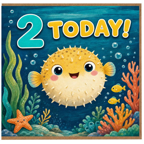 2nd Birthday Card, Cute Under the Sea Pufferfish Design