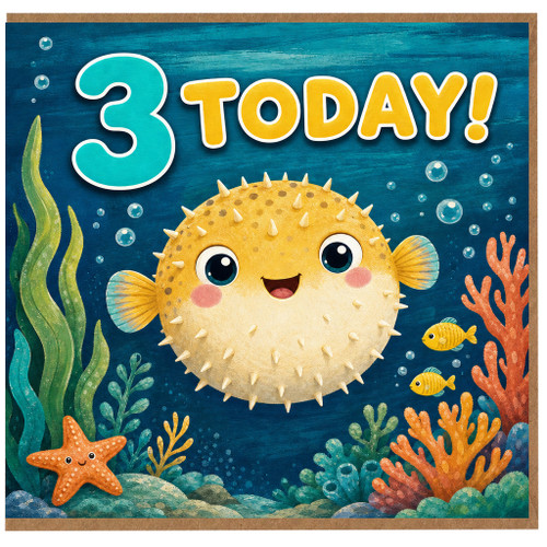 3rd Birthday Card, Cute Underwater Pufferfish Design