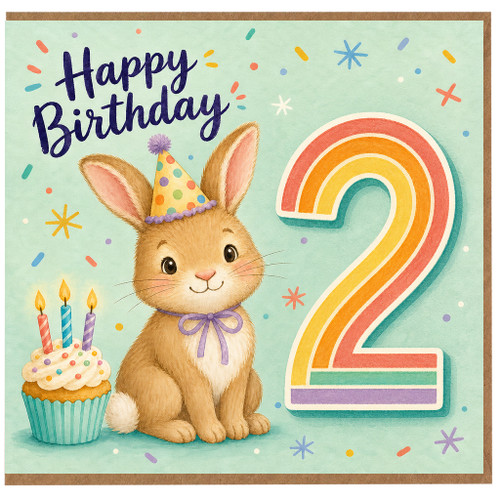 2nd Birthday Card, Cute Bunny and Rainbow Happy Birthday Card