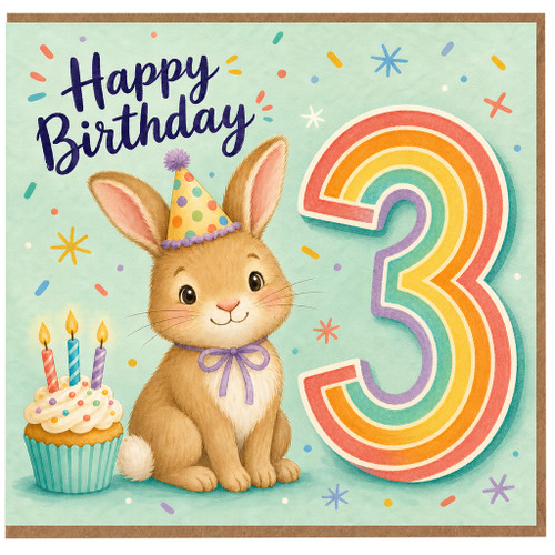 3rd Birthday Card, Cute Bunny Happy Birthday Card