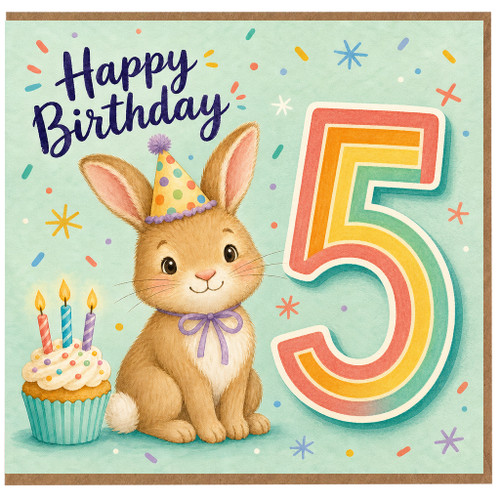 5th Birthday Card, Cute Bunny and Cupcake Birthday Card