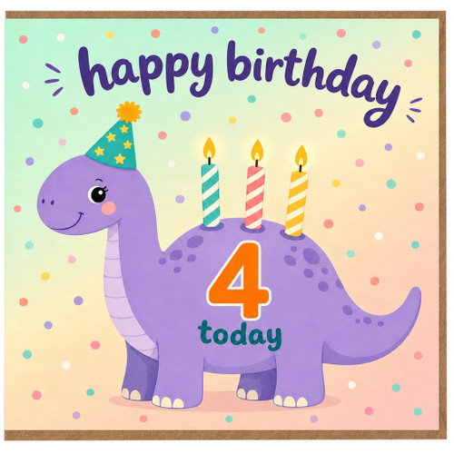 4th Birthday Card, Cute Dinosaur Happy Birthday Card