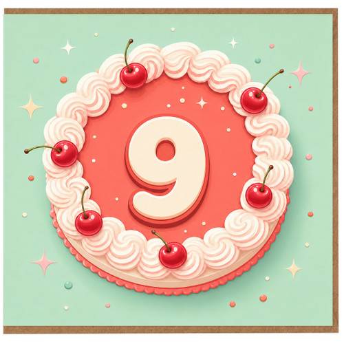9th Birthday Card, Cute Cherry Cake Design