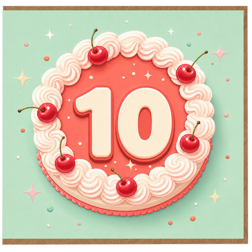 10th Birthday Card, Cake and Cherry Design
