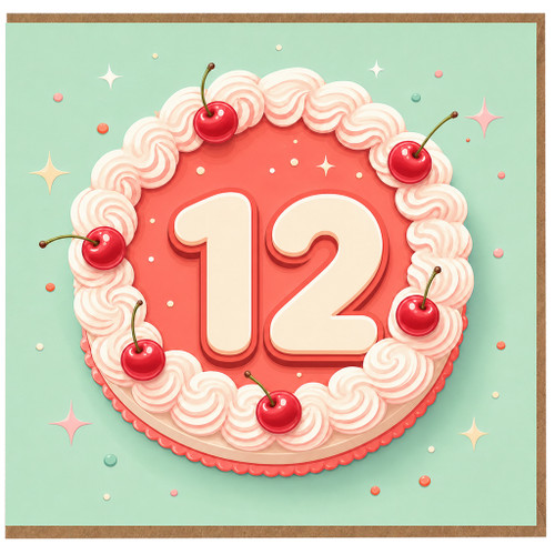 12th Birthday Card, 12 Year Old Birthday Card, Cake and Cherries Design
