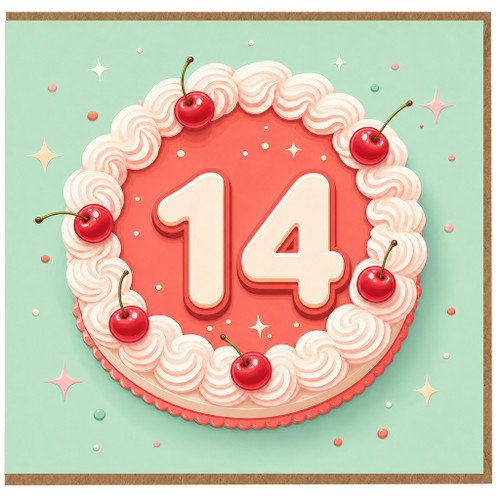 14th Birthday Card, Cake and Cherries Design
