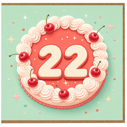 22nd Birthday Card, Cute Cherry Cake Design