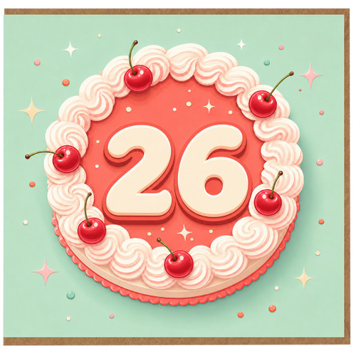 26th Birthday Card, Cute Cake and Cherry Design