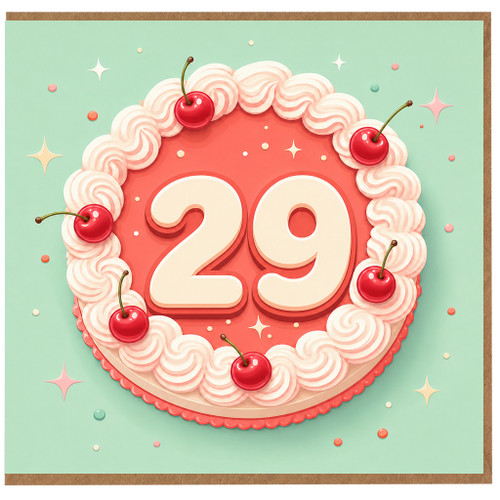 29th Birthday Card, Birthday Cake Design with Cherries