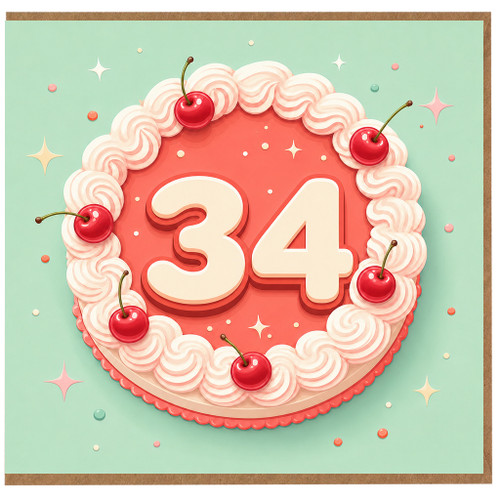 34th Birthday Card, Cake and Cherry Design