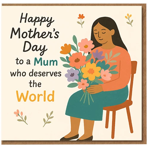 Mum Mother’s Day Card - Happy Mother’s Day to a Mum Who Deserves the World - Floral Bouquet Illustration, Heartfelt Card for from Daughter or Son