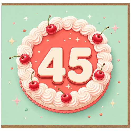 45th Birthday Card, Retro Cake and Cherries Design