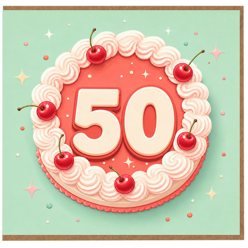 50th Birthday Card, Cake and Cherries Design